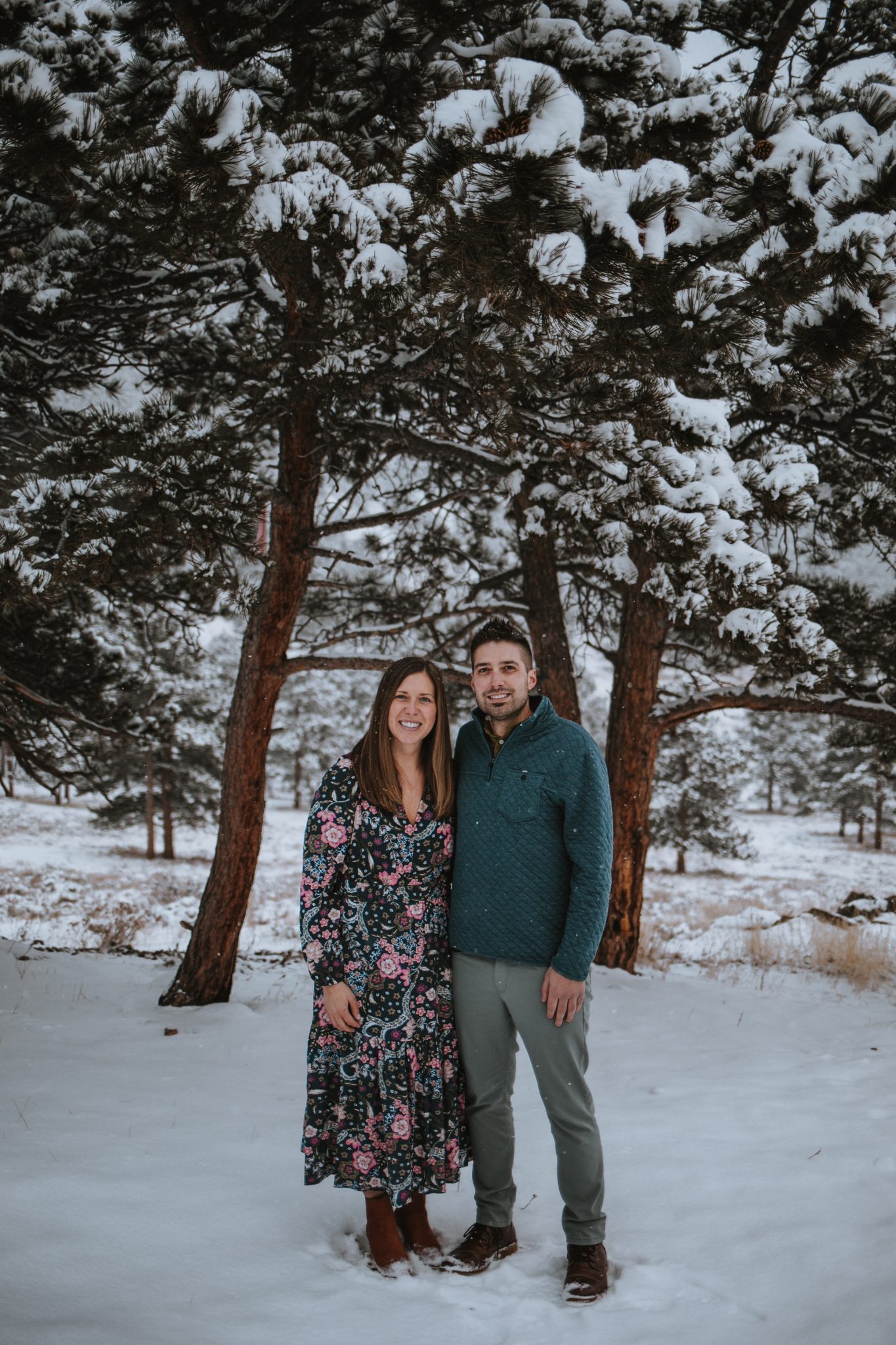 Romantic couple portrait at Estes Park snow