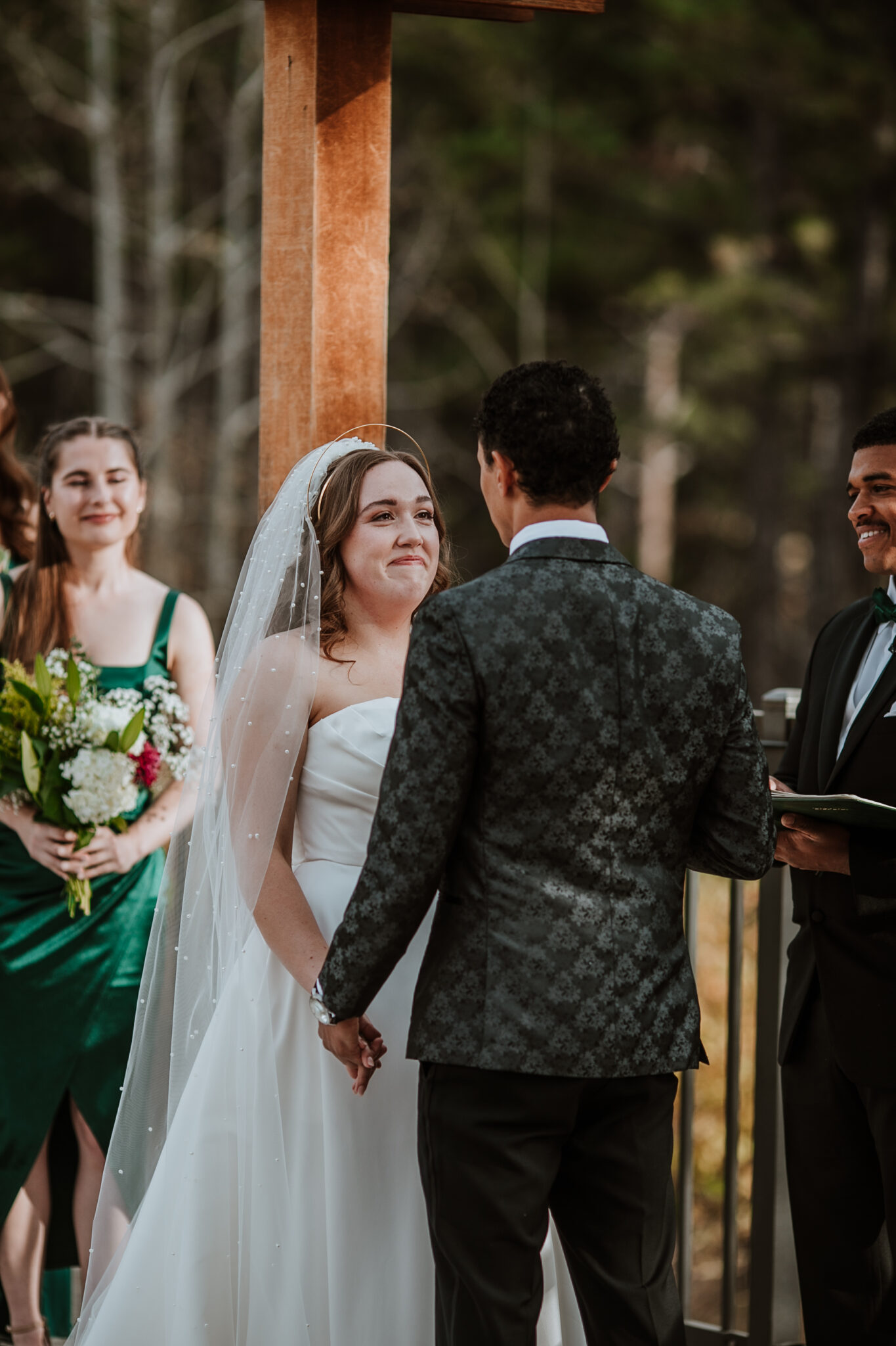 Excited emotional bride during ceremony at Wedgewood Weddings Black Forest in Colorado Springs