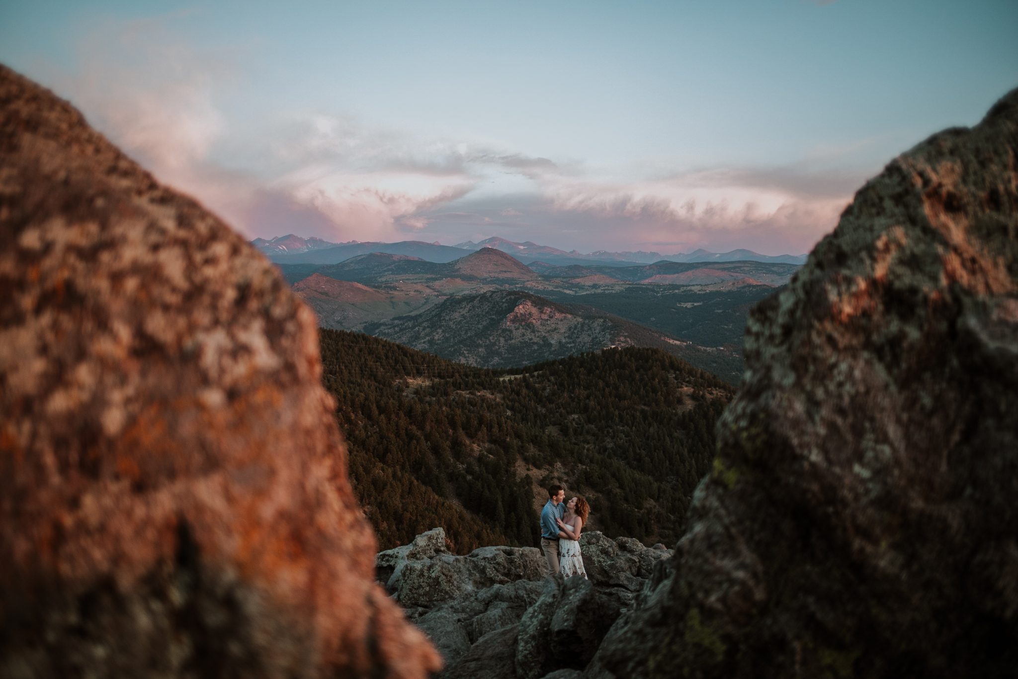 Boulder engagement photographer capturing golden sunrise