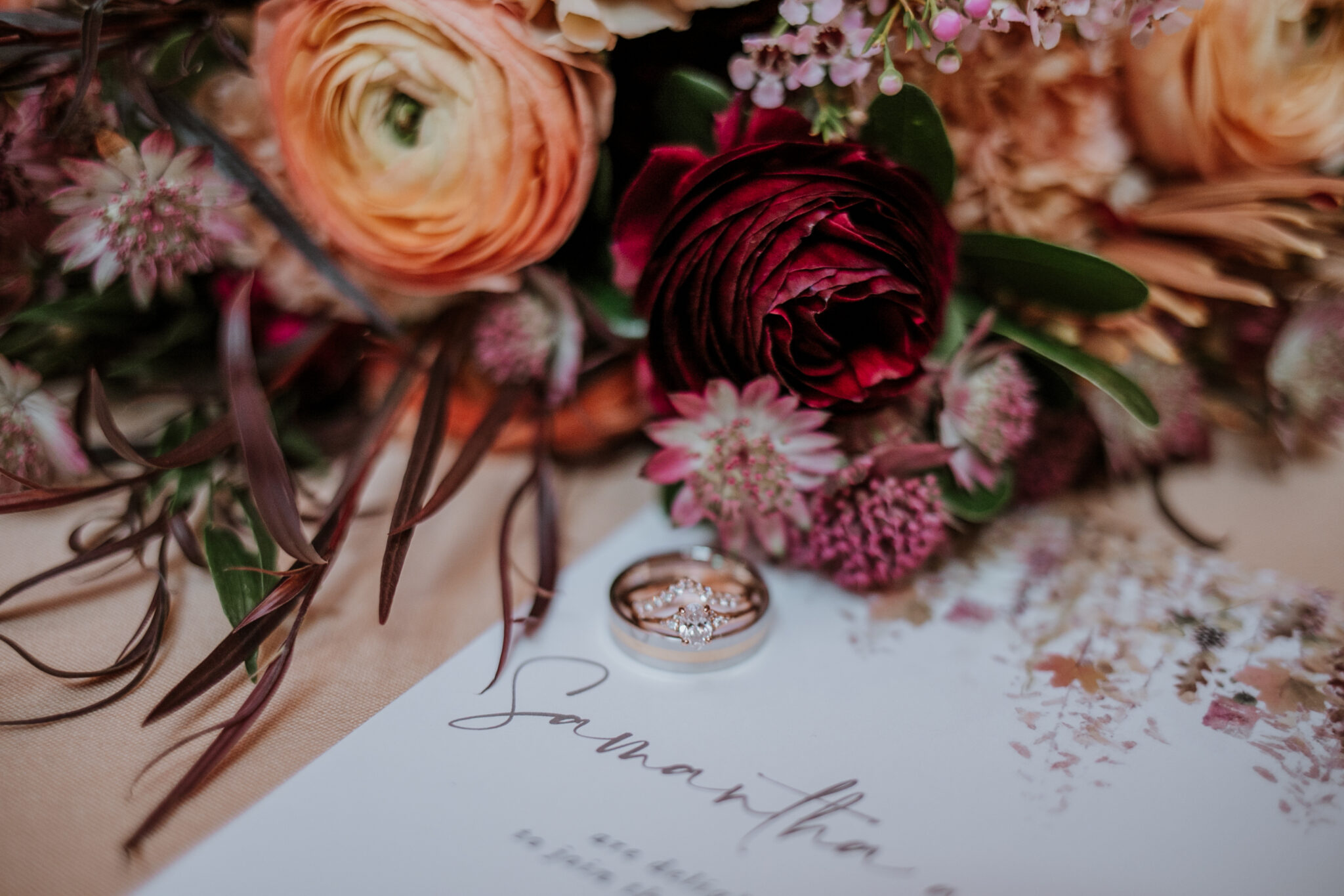 wedding fall florals invitation and ring details