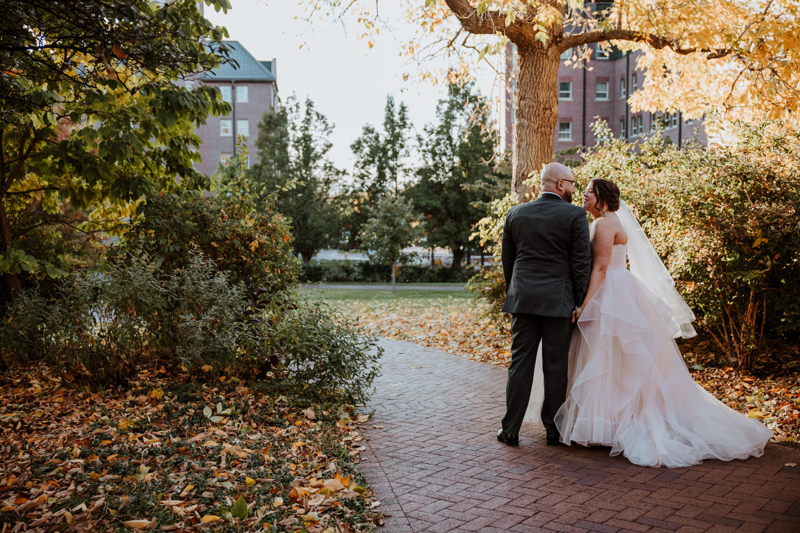 romantic golden hour wedding portraits DU campus Denver
