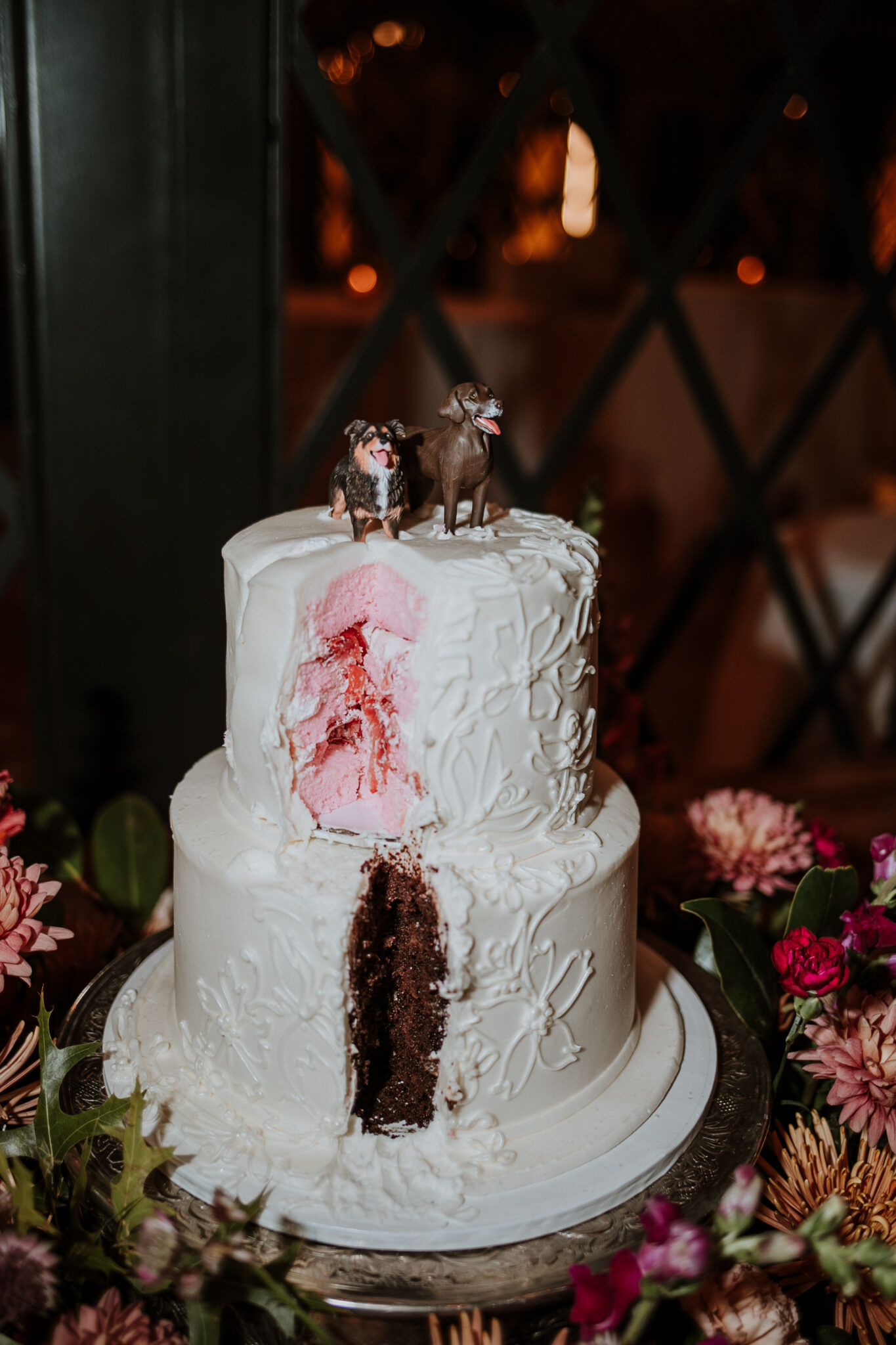 personalized wedding cake topper with dogs at fall wedding